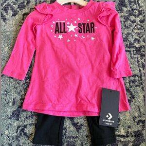NEW WITH TAGS Converse Girl’s Size Medium Pink and Black 2 Piece Shirt Pant Set